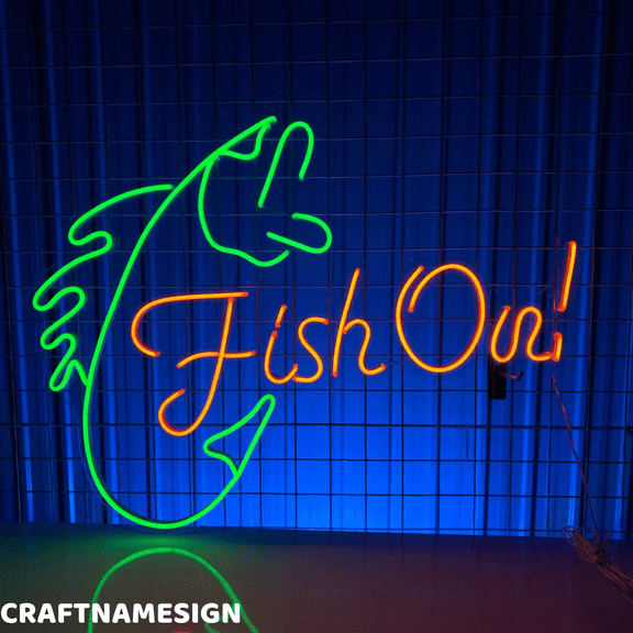 Craftnamesign Fish On Neon Sign, Seafood Restaurant Led Sign, Seafood Shop Wall Decor