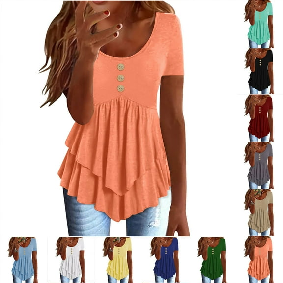 Fanxing Women V Neck Tunics Short Sleeve Ruffle Tiered Layered Flowy Blouses Slim Fitted T-Shirts Basic Tees 2025 Summer Going Out Tops Yellow,XL