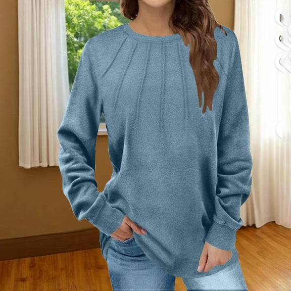 Women's Casual Crew Neck Sweatshirt Loose Soft Long Sleeve Pullover Tops Chest Pleated Velvet Top Blue L