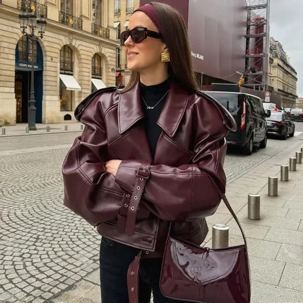 Abrigo corto con cinturón de cuero Pu para mujer, chaquetas elegantes de manga larga con bolsillo y cremallera, ropa de calle para señora nueva 2024