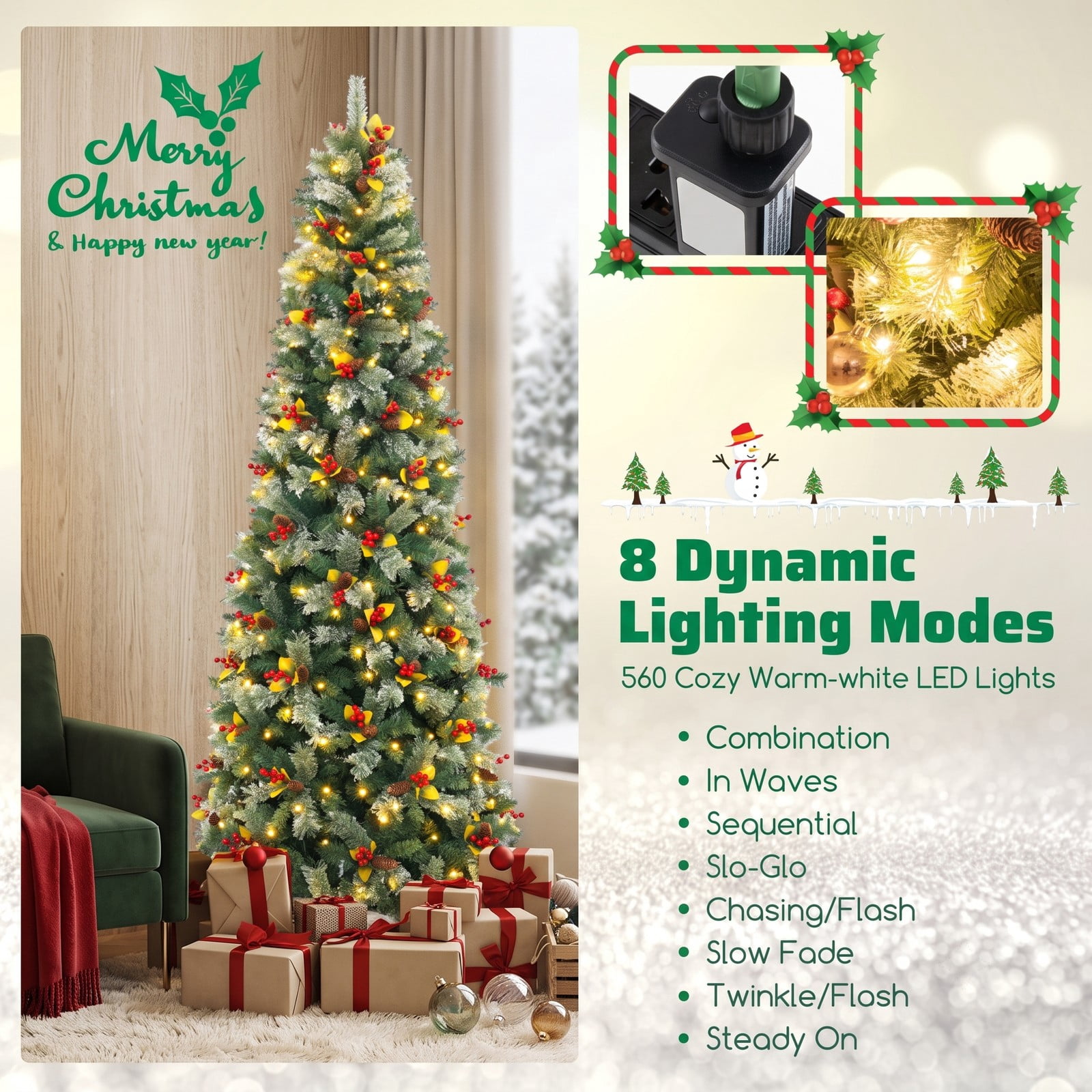 RUIE 9 FT Pre-Lit Artificial Christmas Tree with 1416 Branch Tips, 560 Warm White LED Lights, 8 Lighting Modes and Foldable Metal Stand for Indoor Holiday Decor, Green