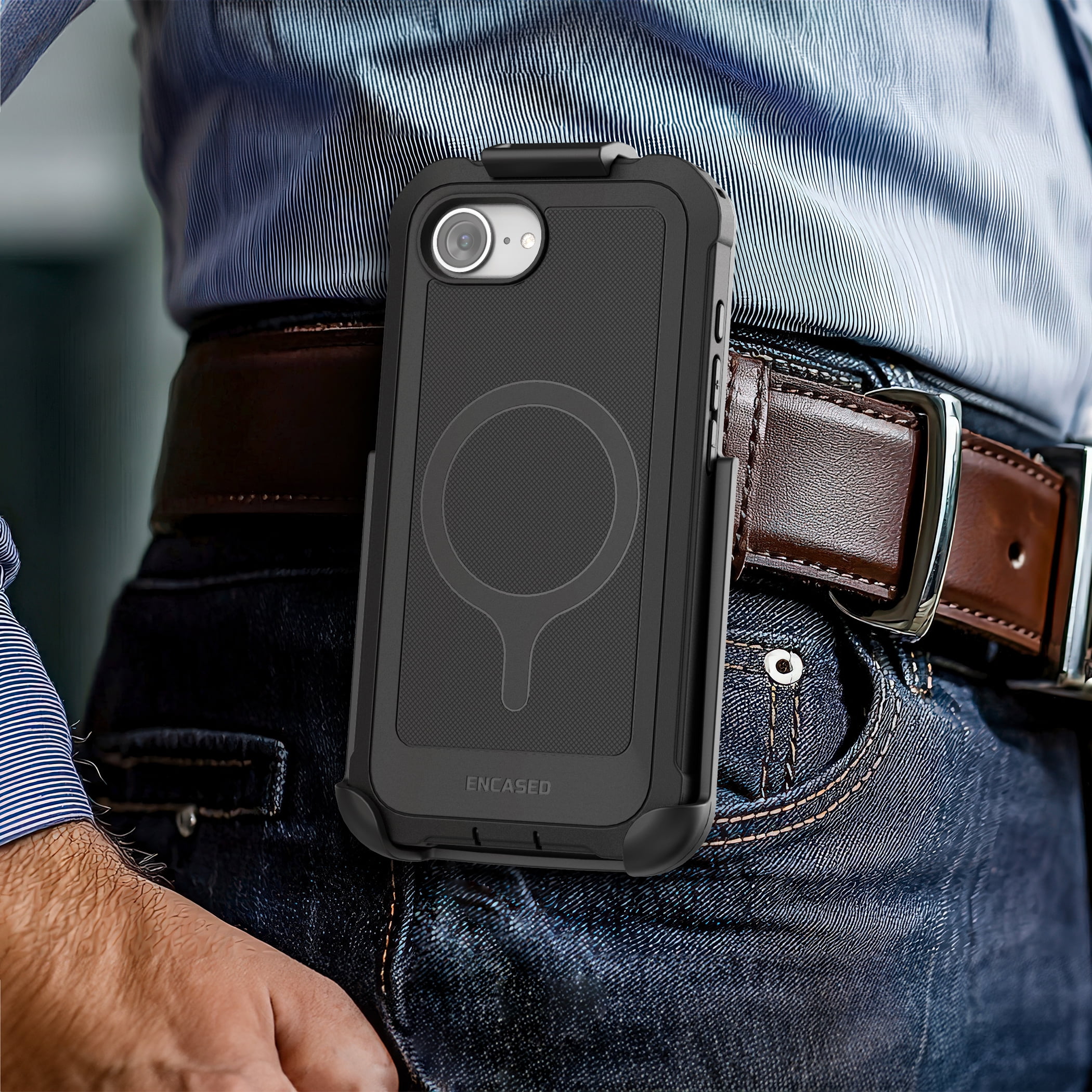 Encased Protective Case for iPhone 16e with Belt Clip (2025) Full-Body Case with Built-In Screen Protector and Phone Holster (Compatible with MagSafe) Black