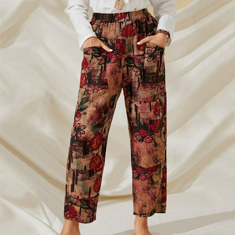 Bigersell Women Straight-Leg Pants Full Length Pants Fashion Women's Print  Casual Loose Cotton And Linen Retro Wide-leg Pants Ladiess Winter Pants 