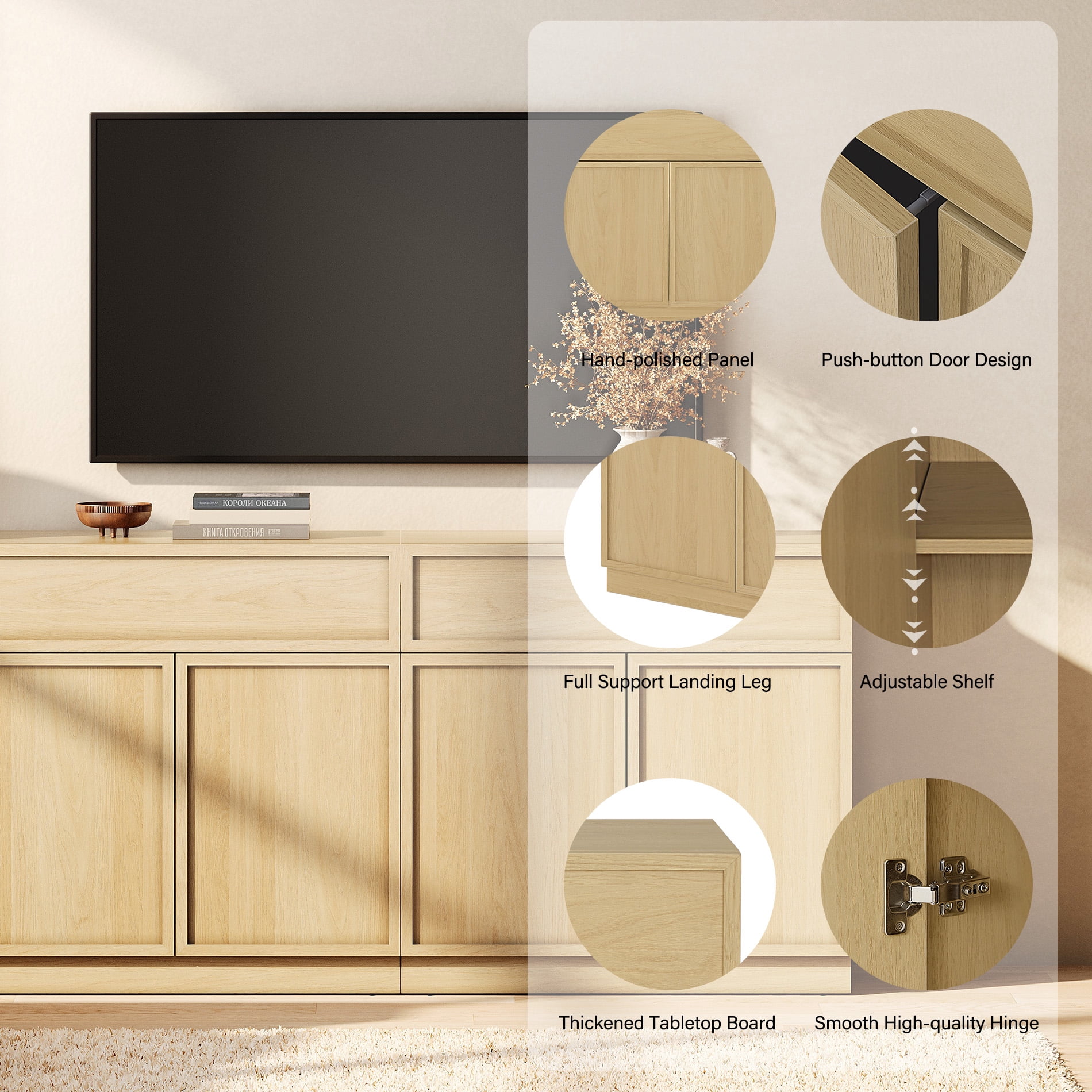 WAMPAT Modern TV Stand for TVs Up to 40", Wooden Entertainment Center TV Console with 4 Doors and Drawers, Media Console Cabinet with Adjustable Shelf for Living Room, Bedroom, Oak
