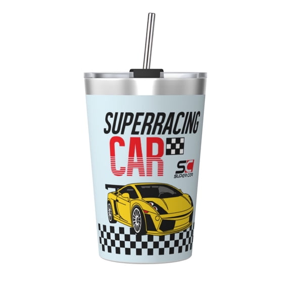 PAYOHTO Supper Racing Car Insulated Stainless Steel Tumbler 12 oz Thermos Come with Straw Kids Leak-Proof Travel Mug Cup