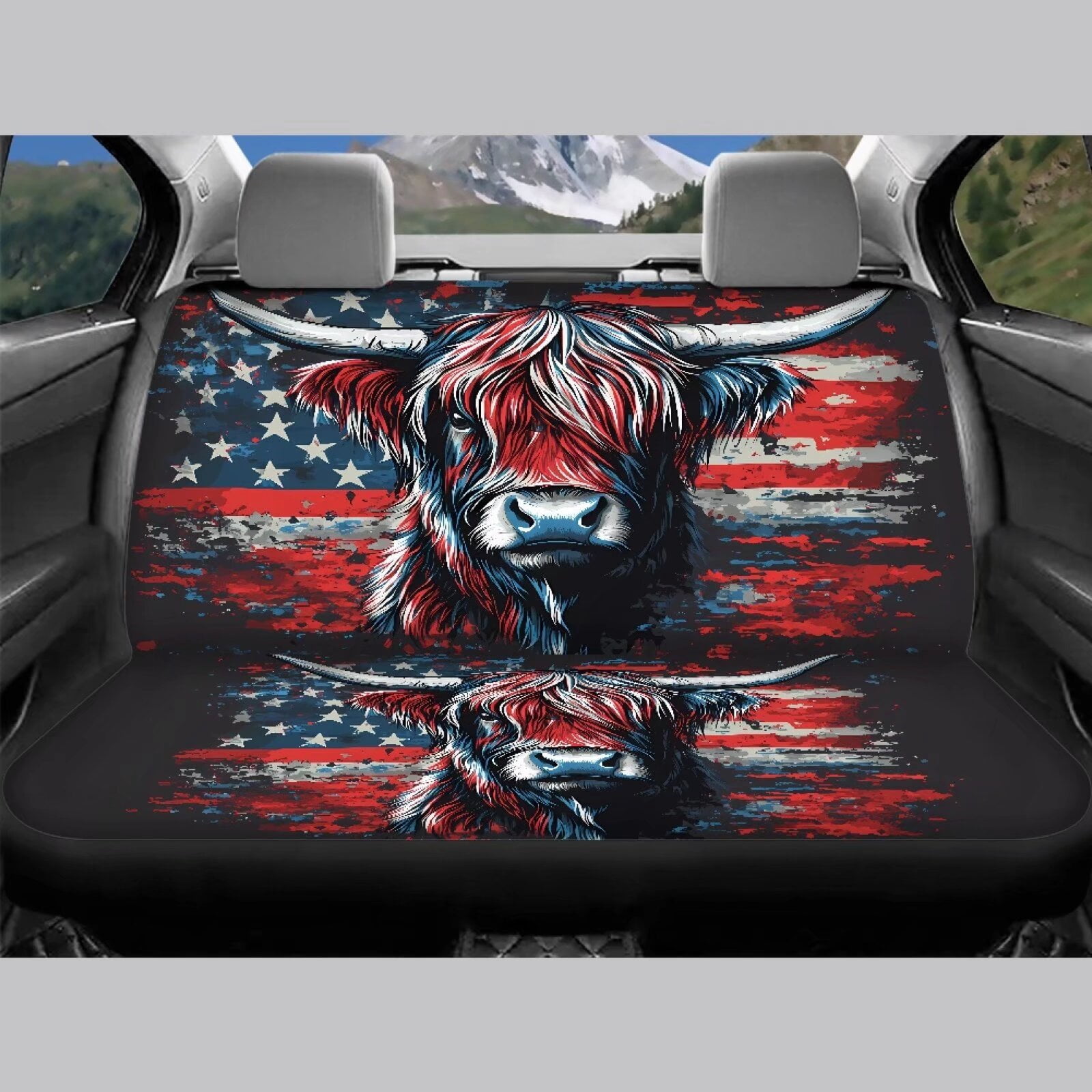 Pzuqiu American Flag Highland Cow Automotive Seat Covers Seat Cover Sets Fashion Full Car Interiors 4 Seats Car Seat Protector Automotive Vehicle Cushion Print for Cars Truck Universal Fit Set