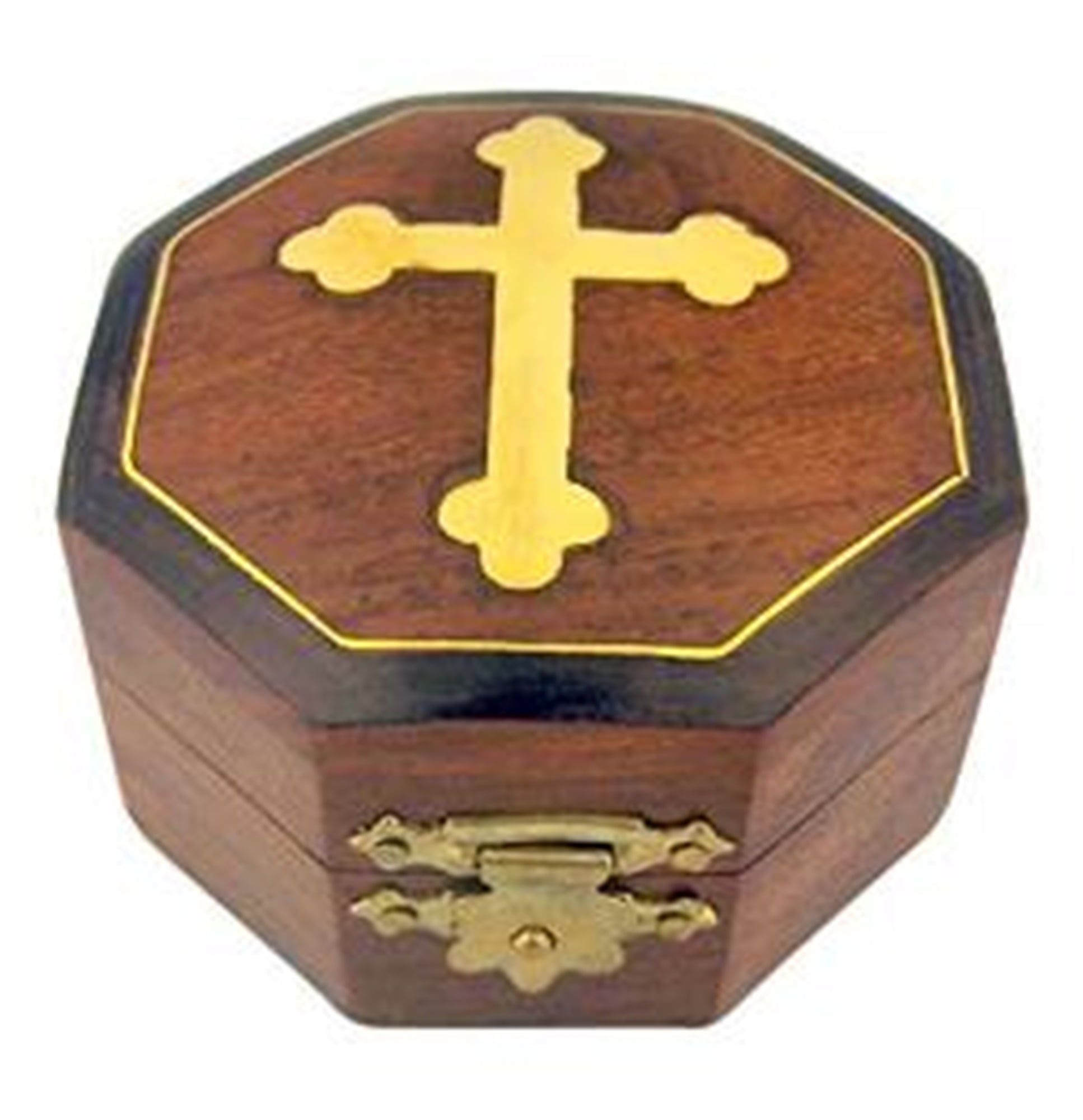 Wooden Rosary Box with Gold Budded Cross and Clasp Close Lid, 2 3/4