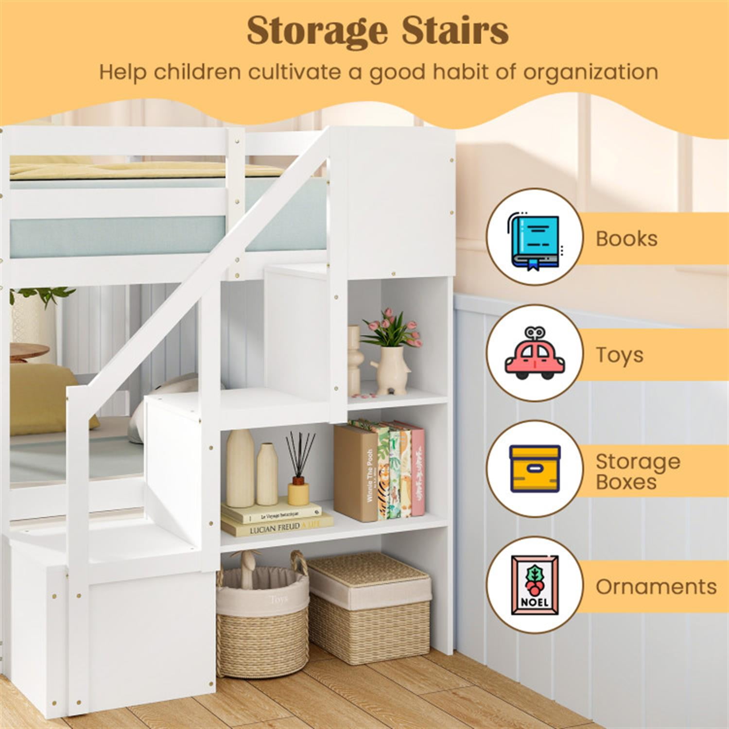Demi Bonn Twin Over Twin Low Bunk Bed with Storage Stairs, Solid Wood Floor Bunkbeds Frame for Bedroom, No Box Spring Needed, White