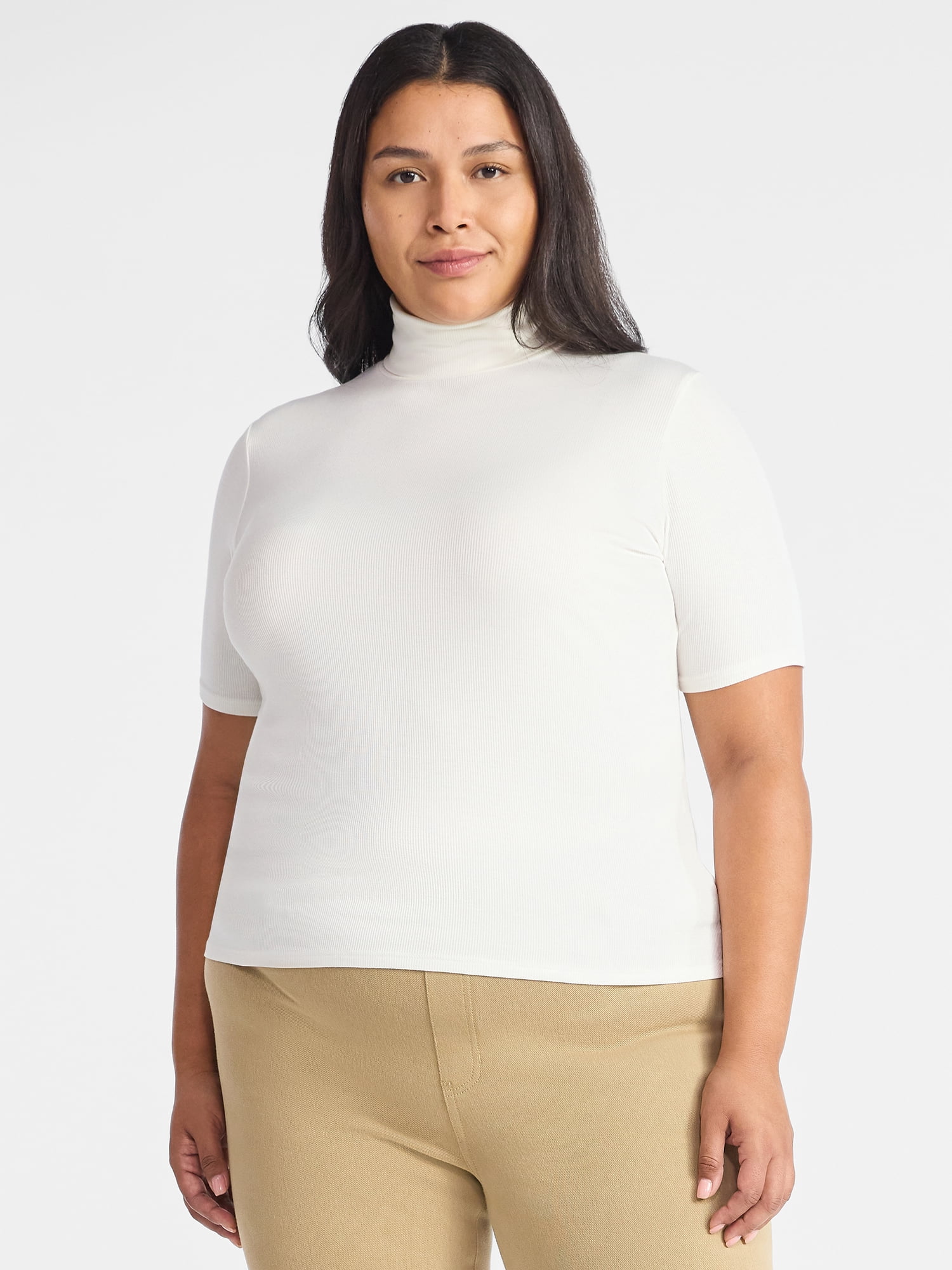 Time and Tru Women's Rib Turtleneck Top with Short Sleeves, Sizes XS-XXXL