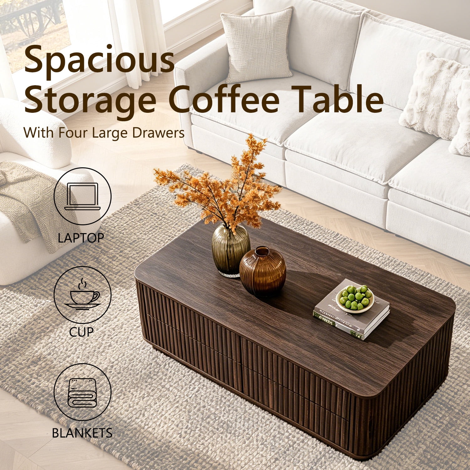 IFMUST 51" Modern Fluted Coffee Table with Storage, 4 Drawers, Rounded Edges,Hidden Storage
