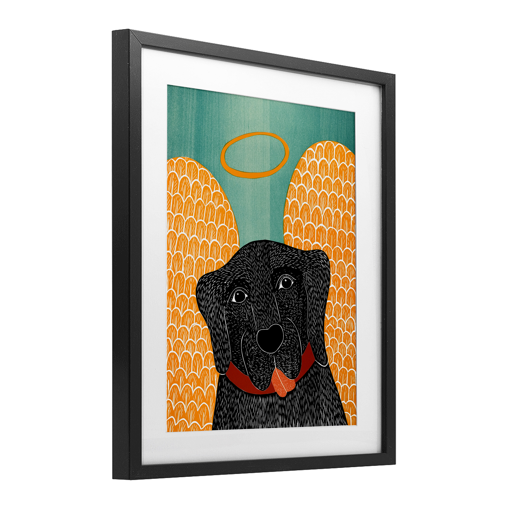 Dog Angel with Yellow Wings Black Framed Print Under Glass, design by Stephen Huneck