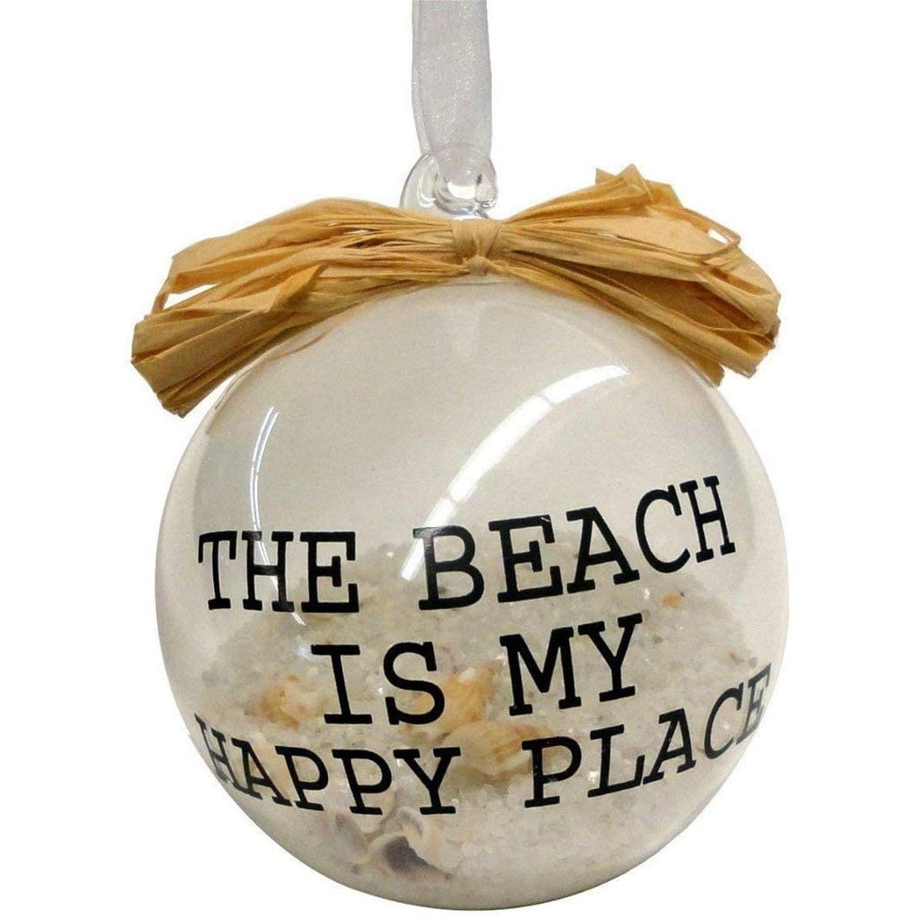 GLASS BALL w/SAND & SHELLS "THE BEACH IS MY HAPPY PLACE" NAUTICAL XMAS ORNAMENT 