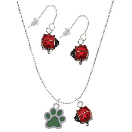 Delight Jewelry Silvertone Medium Translucent Green Paw Red Lucky Ladybug Necklace and Dangle Earrings Set Delight Jewelry Silvertone Medium Translucent Green Paw Red Lucky Ladybug Necklace and Dangle Earrings Set