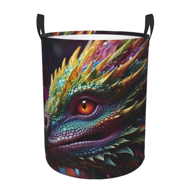 Balery Colorful Dragon Head Profile Cesta de ropa redonda con asas, impermeable, independiente, para ropa, juguetes, dormitorio y familia-Small