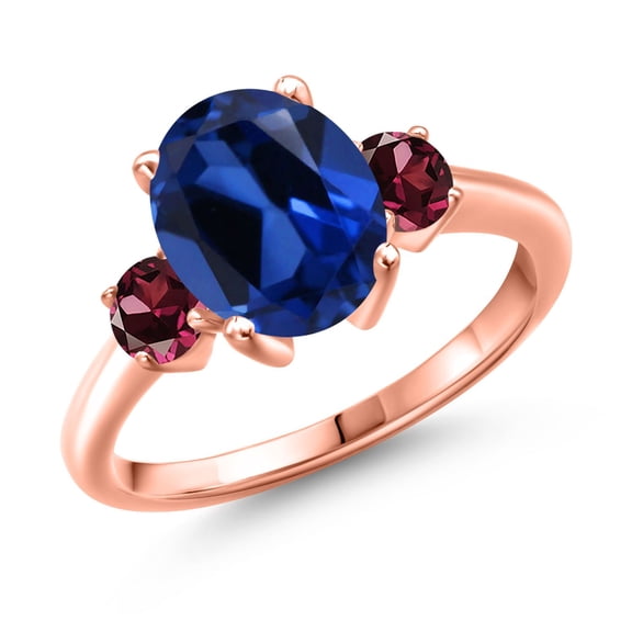 Gem Stone King 4.04 Ct Blue Created Sapphire Red Rhodolite Garnet 18K Rose Gold Plated Silver Ring (Size 6)