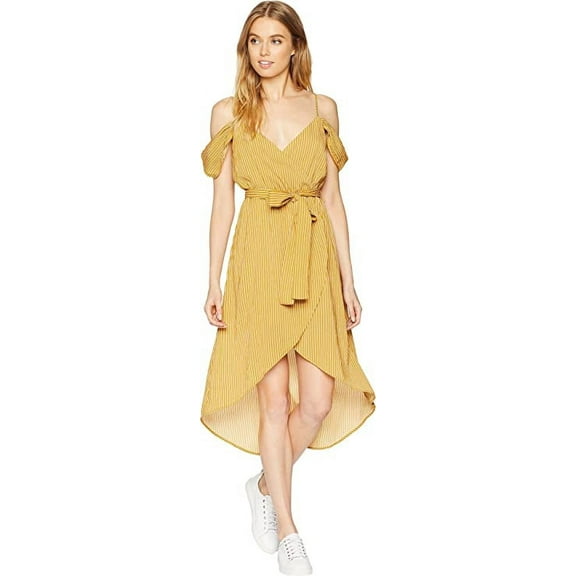 J.O.A. JOA Women's Cold Shoulder Hi Lo Wrap Dress, Mustard Stripe, L