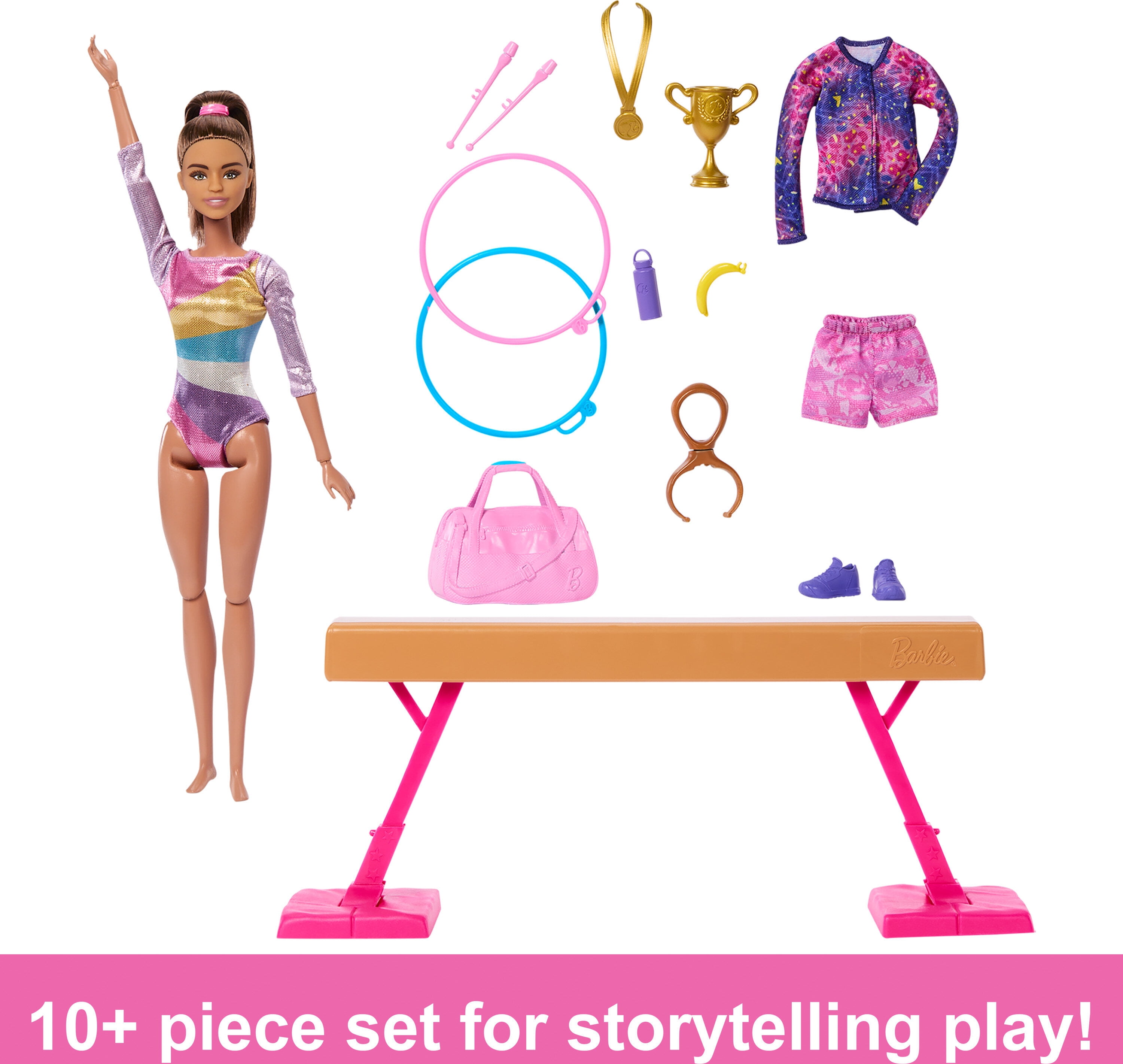 Barbie Gymnastics Playset with Brunette Fashion Doll, Balance Beam, 10+ Accessories & Flip Feature
