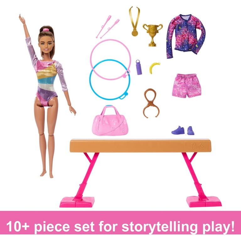 Barbie Gymnastics Playset with Brunette Fashion Doll Balance Beam 10 Accessories Flip Feature
