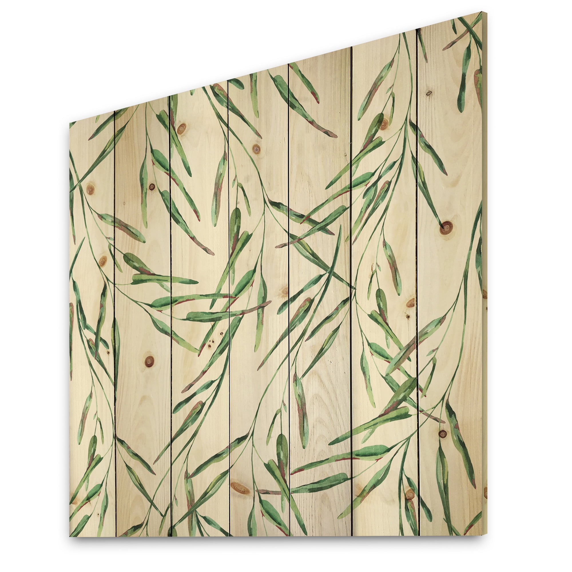 Designart 'Tropical Green Leaves On White In Summer Times II' Tropical Print on Natural Pine Wood