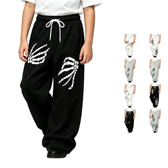 JAJAHO Halloween Boys Girls Baggy Sweatpants Skeleton Graphic Drawstring Wide Leg Jogger Pants For Kids Teens 4-15Y