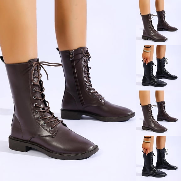 Women Boots Mid Calf Chunky Heel Round Toe Lace-Up Side Zipper Snow Boots Casual Comfortable Fashion Low Heel Short Bootie