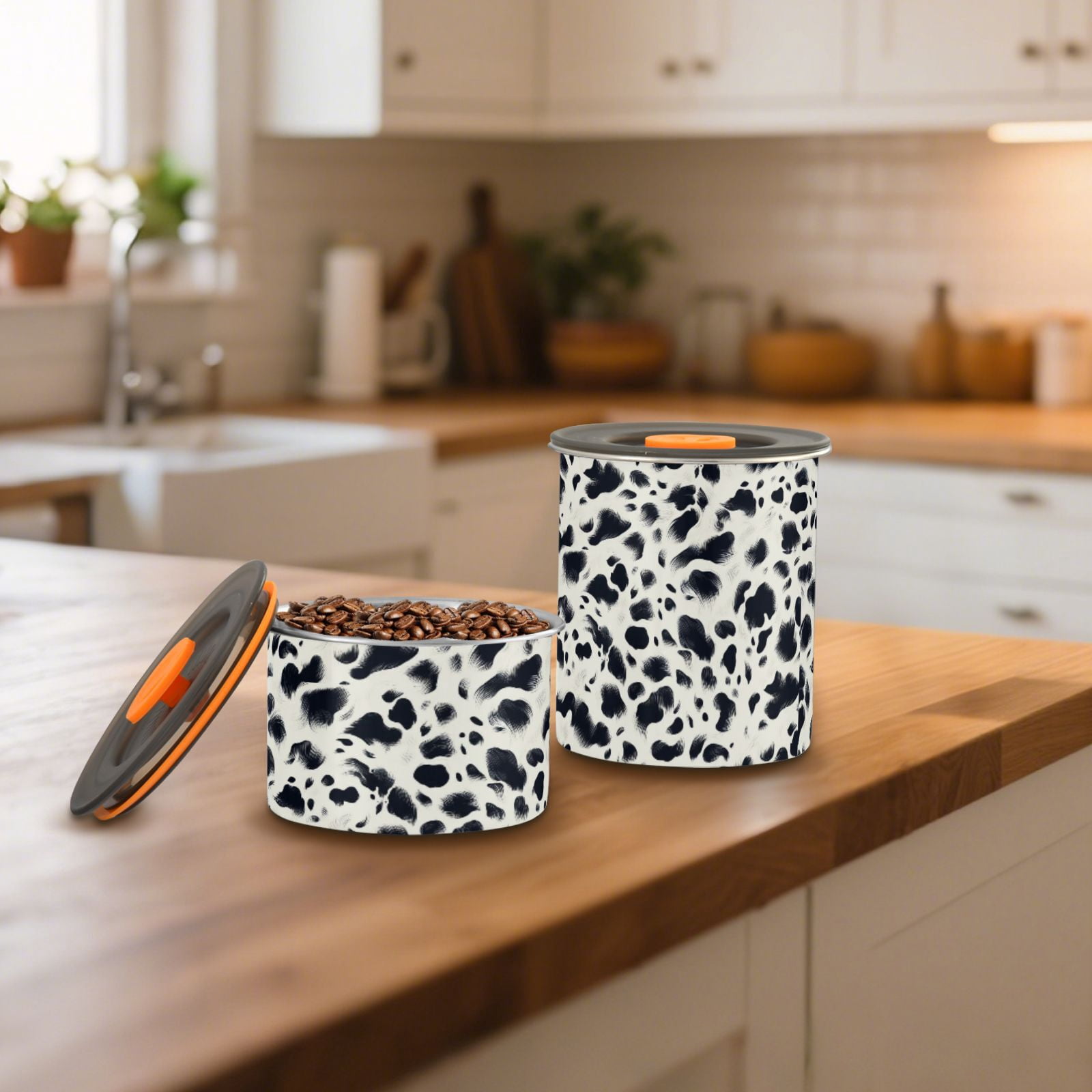 Cow Prints Airtight Coffee Bean Canister 30oz Food Storage Containers with Lids For Gournd, Tea, Sugar, Flour, Rice, Cereal, Candy Cookie Jar