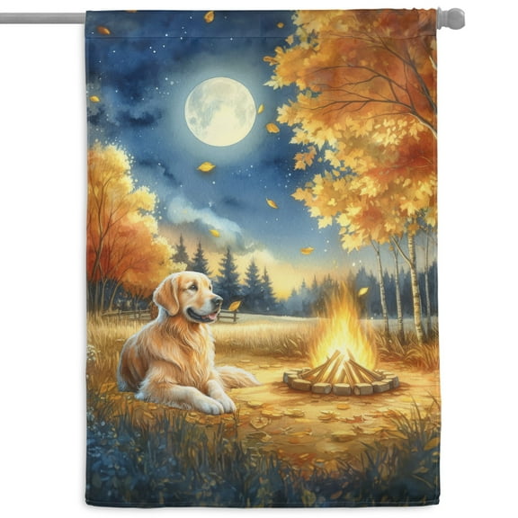 Hello Fall Golden Retriever Enjoys Warm Campfire Autumn Night Bright Moon House Flag 28x40in Double Sided Goldens Dog Lover Gifts Idea Outdoor Decor - 01008