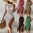 thumbnail image 2 of Xuhomer Summer Cover Ups for Women Knitted Hollow Short Sleeve High Neck Crochet Split Beach Cover Up Bikini Swimsuits Bathing Suits Sunscreen Cover Swimsuit Cover-up Dress Khaki Free Size, 2 of 7