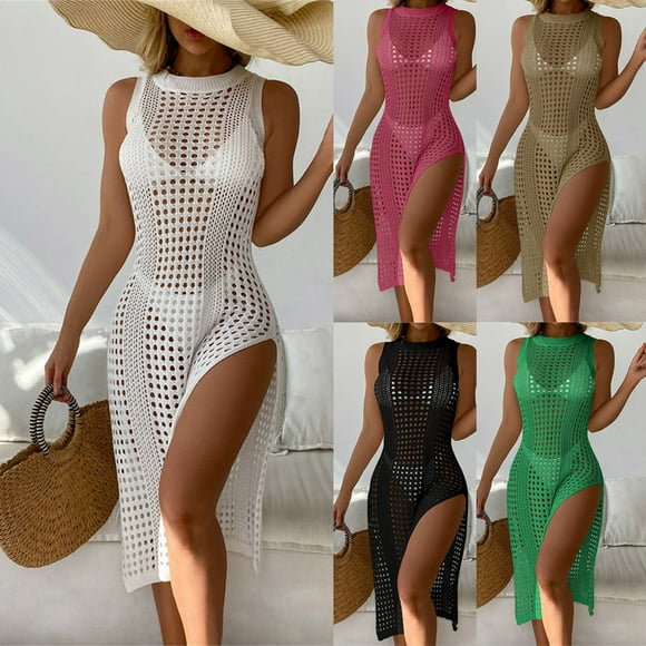 Brqkzdu Swimsuit Cover Up Dresses for Women High Neck Sleeveless Crochet Bathing Suit Swimwear Knit High Side Slit Beach Hollow Out Summer Vacation Midi Dress