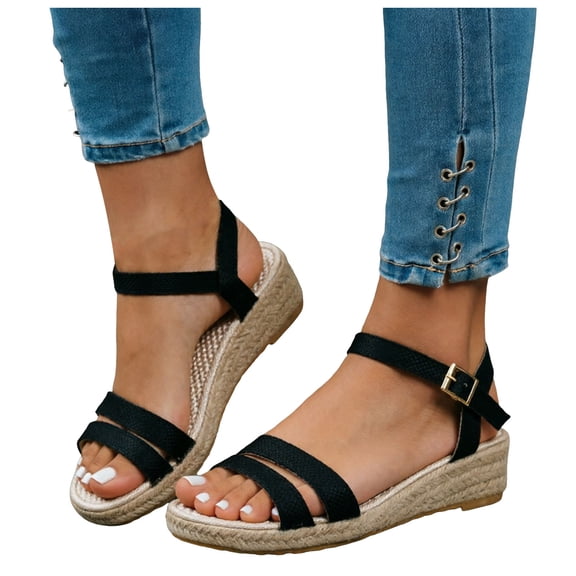 Rokment Womens Linen Wedge Sandals Bohemian Beach Summer Breathable Straw Espadrilles Platform Dressy Shoes for Ladies Vacation Black Size 6