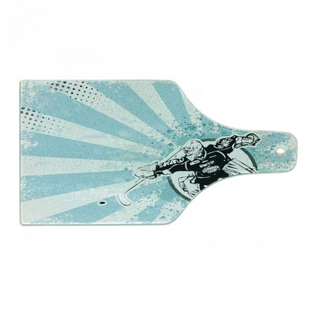

Hockey Cutting Board Grungy Retro Style Halftone Background a Goaltender in Circle Decorative Tempered Glass Cutting and Serving Board Wine Bottle Shape Pale Blue Black White by Ambesonne