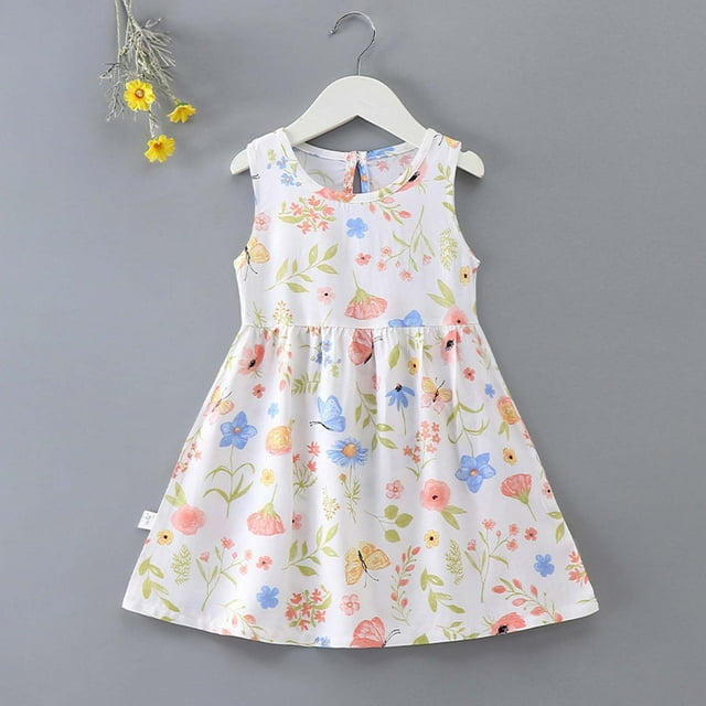 Robes d'Été Décontractées à Fleurs pour Filles de 1 à 7 Ans Sans Manches pour Extérieur et École