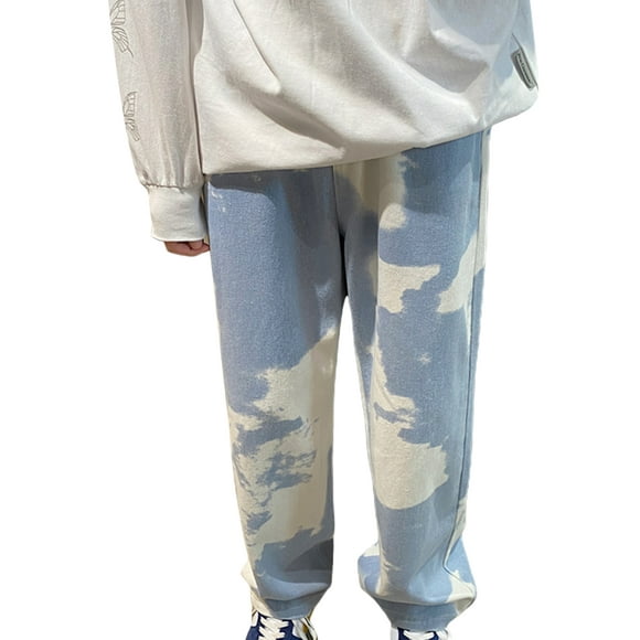 Sunloudy Jeans largos para hombre, pantalones de mezclilla holgados lavados de cintura media con efecto tie-dye para niños, negro/rosa/azul claro Sunloudy S M L XL XXL