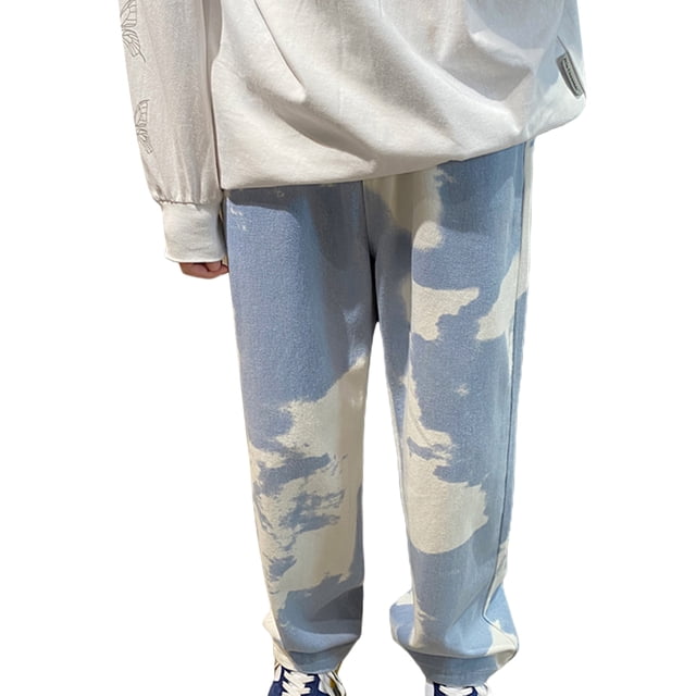 Sunloudy Jeans largos para hombre, pantalones de mezclilla holgados lavados de cintura media con efecto tie-dye para niños, negro/rosa/azul claro Sunloudy S M L XL XXL