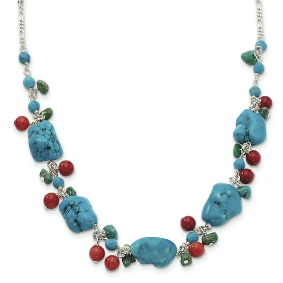 Primal Silver Sterling Silver Dyed Howlite, Turquoise and Red Coral Necklace