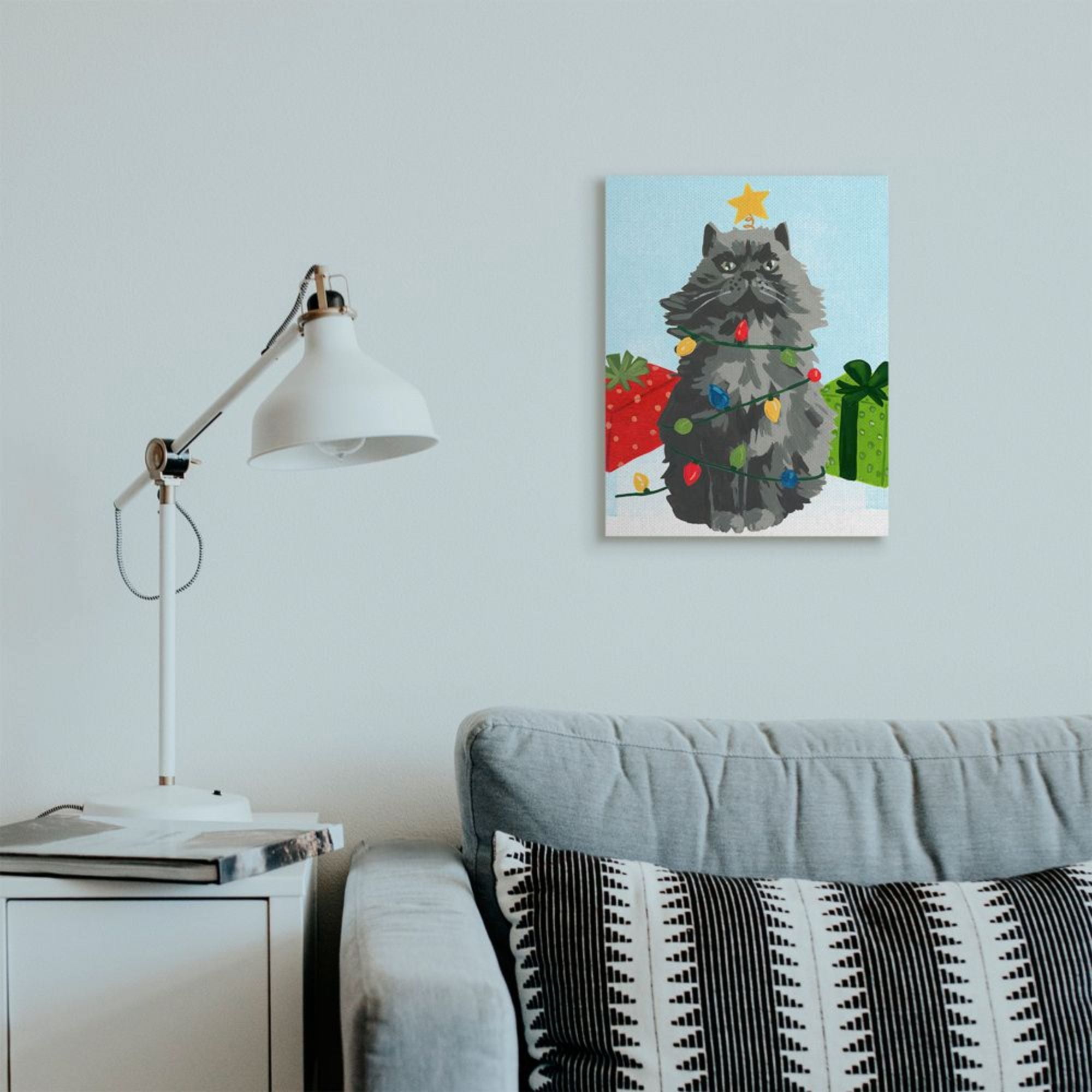 Stupell Industries Black Cat Festive Holiday Lights Christmas Pet Design by June Erica Vess, 16" x 20"