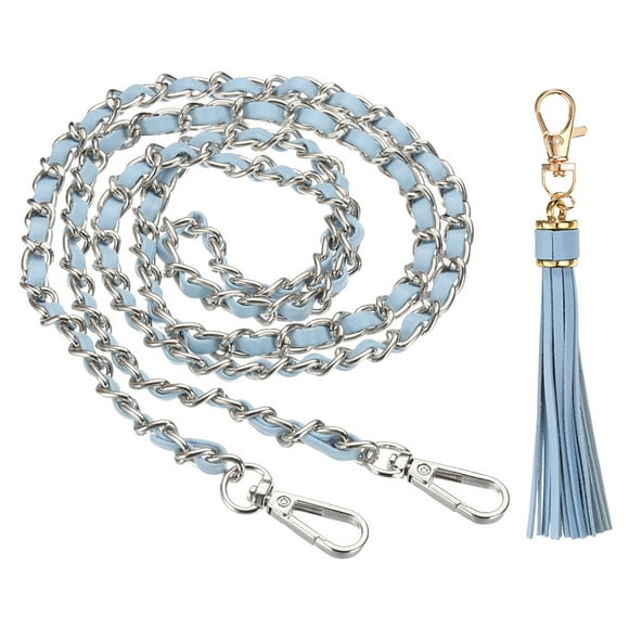 Uxcell Purse Chain Strap, 47 Inch Leather Chain Straps Purse Strap Replacement Flat Chain Strap with Tassel for Crossbody Bag Handbag Woman, Light Blue/Silver
