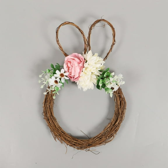 Decorr Easter Bunny Wreath,11" Easter Rattan Wreath with White and Pink Peony Flowers,Spring Wreath for Front Door, Rustic Easter Decoration for Wall, Mantel, Indoor Holiday Home Decor