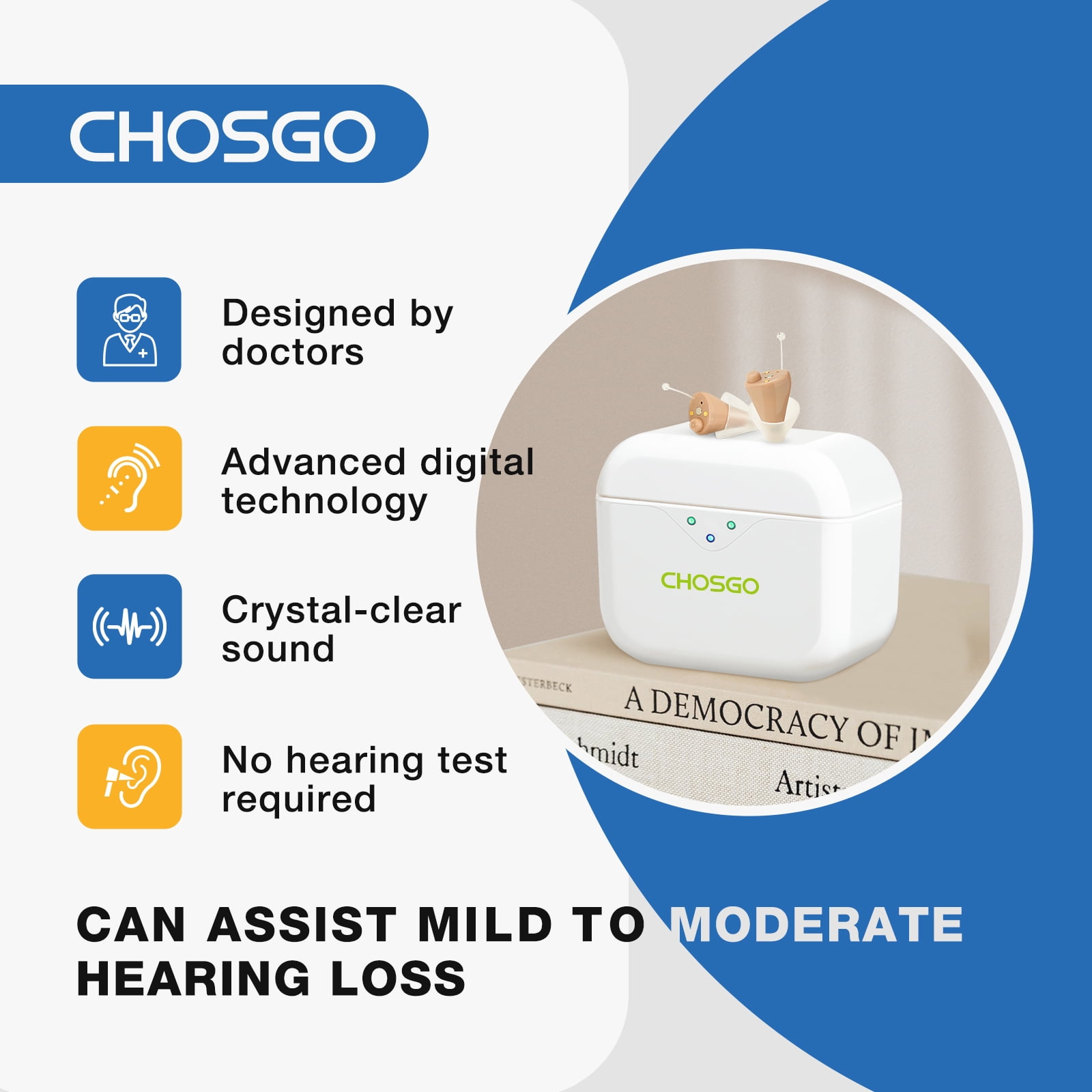 Advanced SmartR Smallest Hearing  Aids with Noise Cancelling,Completely-in-the-Canal Hearing Aid with Portable Charging Case,1 Pair,CHOSGO