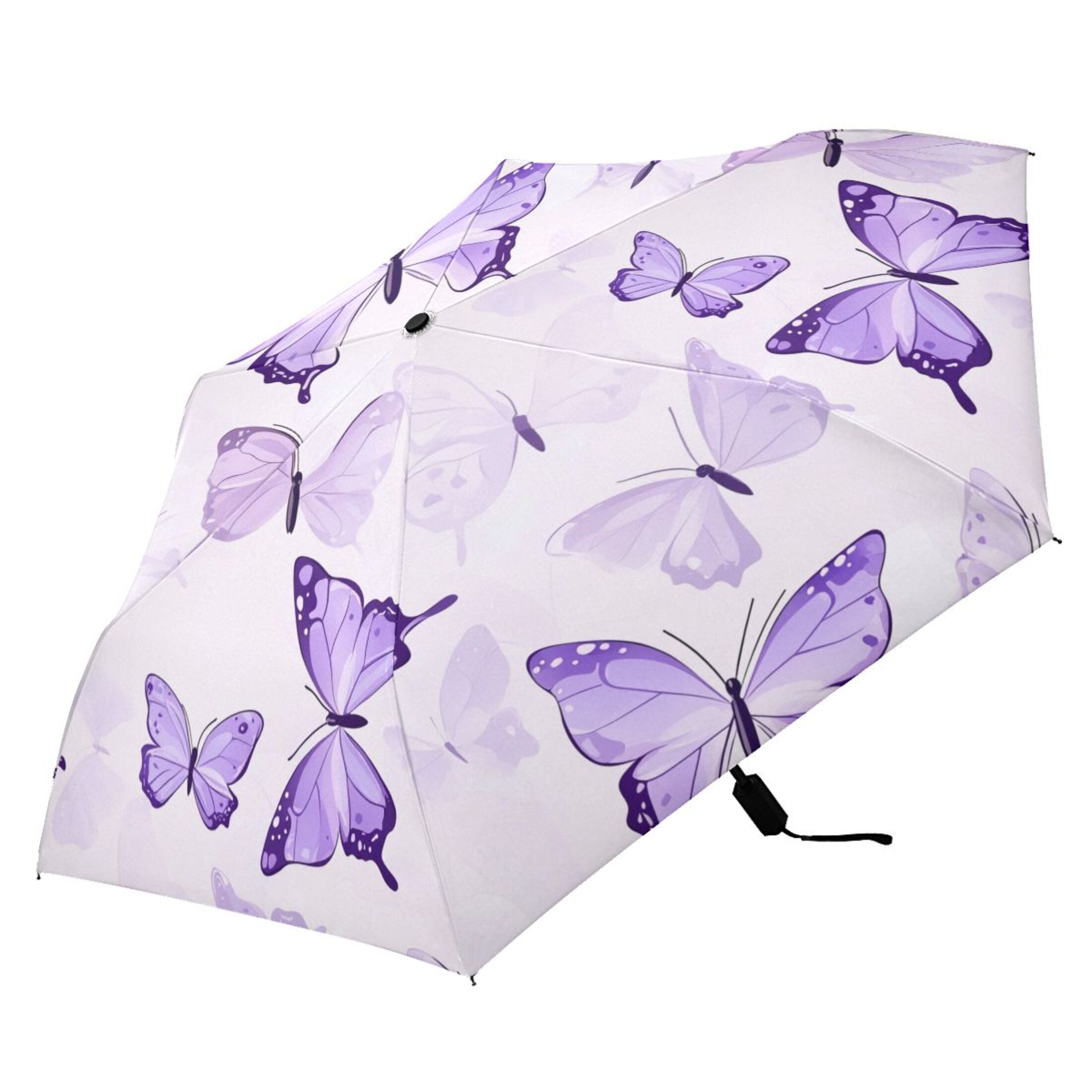 Purple Butterflies Flying All Weather Umbrella Triple Folding Parasol 6 Ribs UV Protection Portable