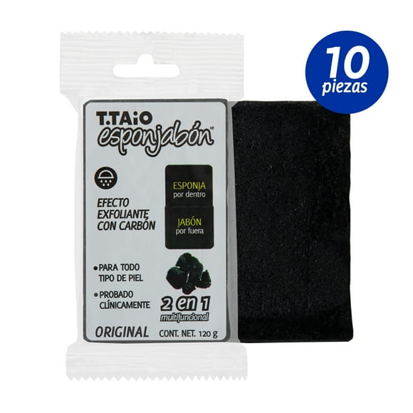 Pack 10 pz Esponjabon Carbon Purificante T. Taio 120g c/u T.Taio Esponjabon Para todo tipo de piel, Jabón con esponja integrada, 120 gr, Purificante