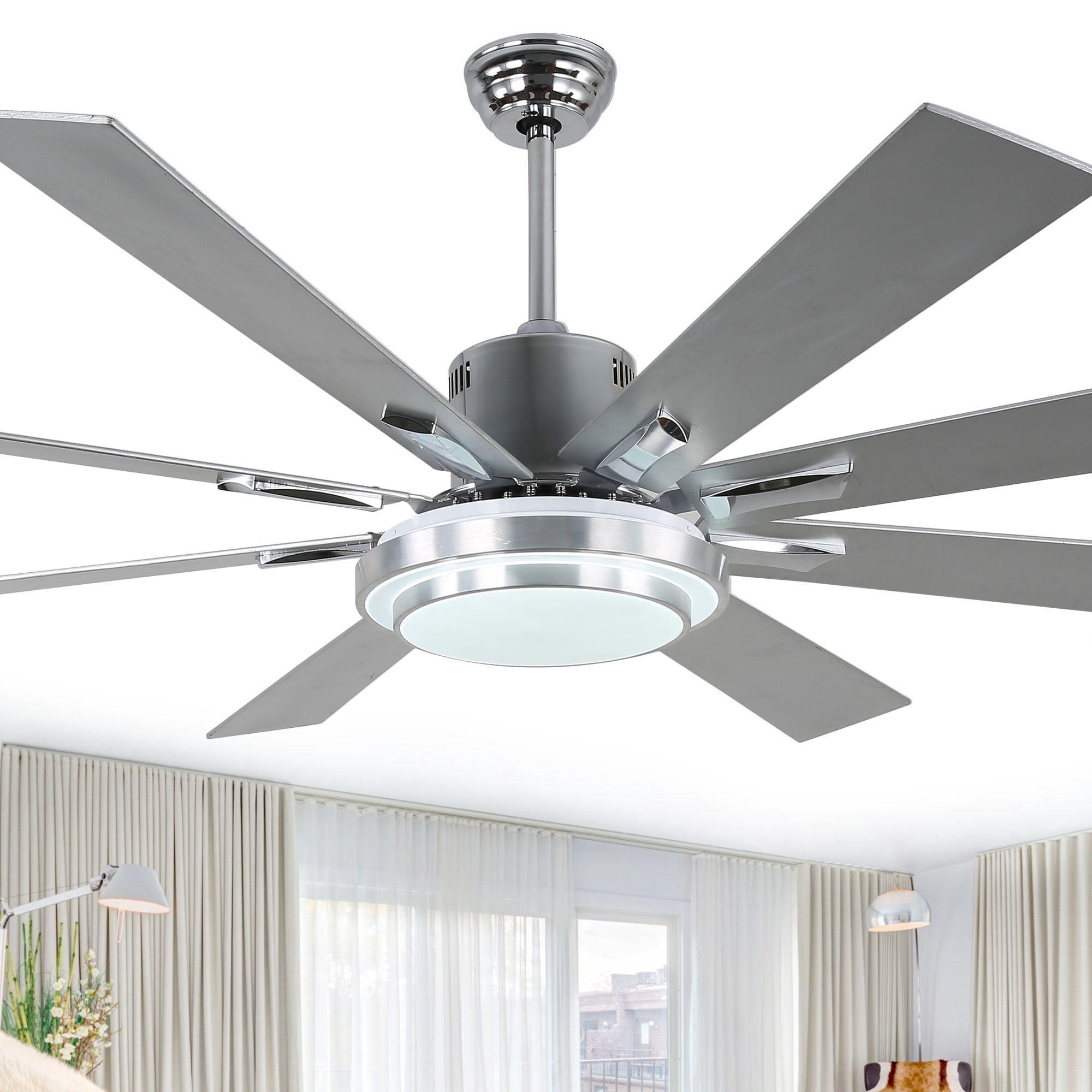 Bella Depot 72" Modern Silver LED Ceiling Fan 6-Speed Reversible Chandelier With Dimmable Light and Remote Control