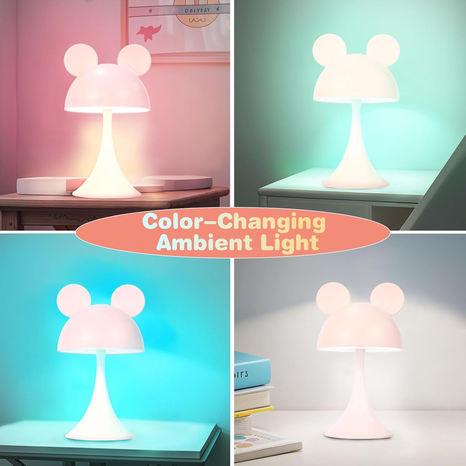 Rechargeable Mouse Shape LED Dimmable Touch Desk Lamp Reading Night Light Cute Bedside Lamp (Pink)