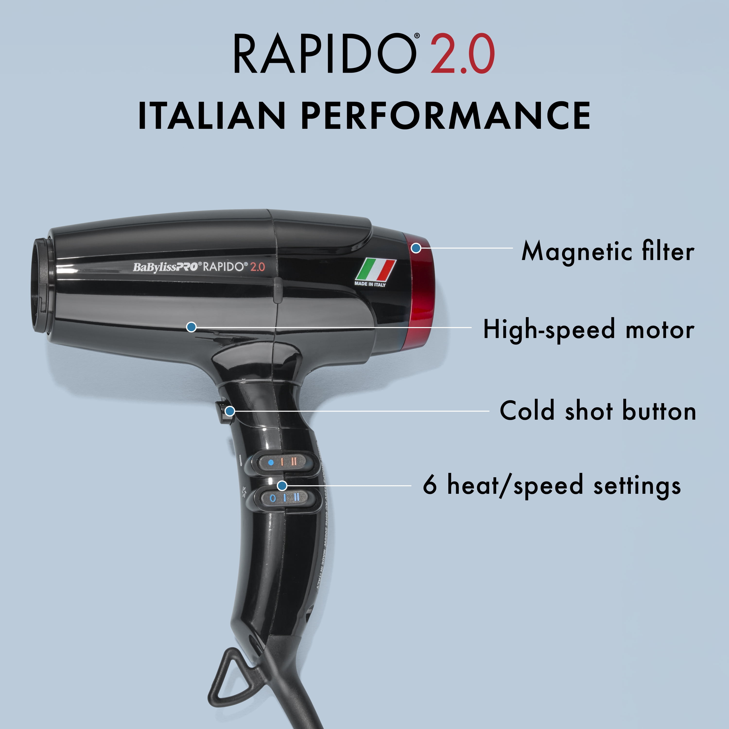 BaBylissPRO Rapido 2.0 Ionic Hair Dryer, High Speed, Black