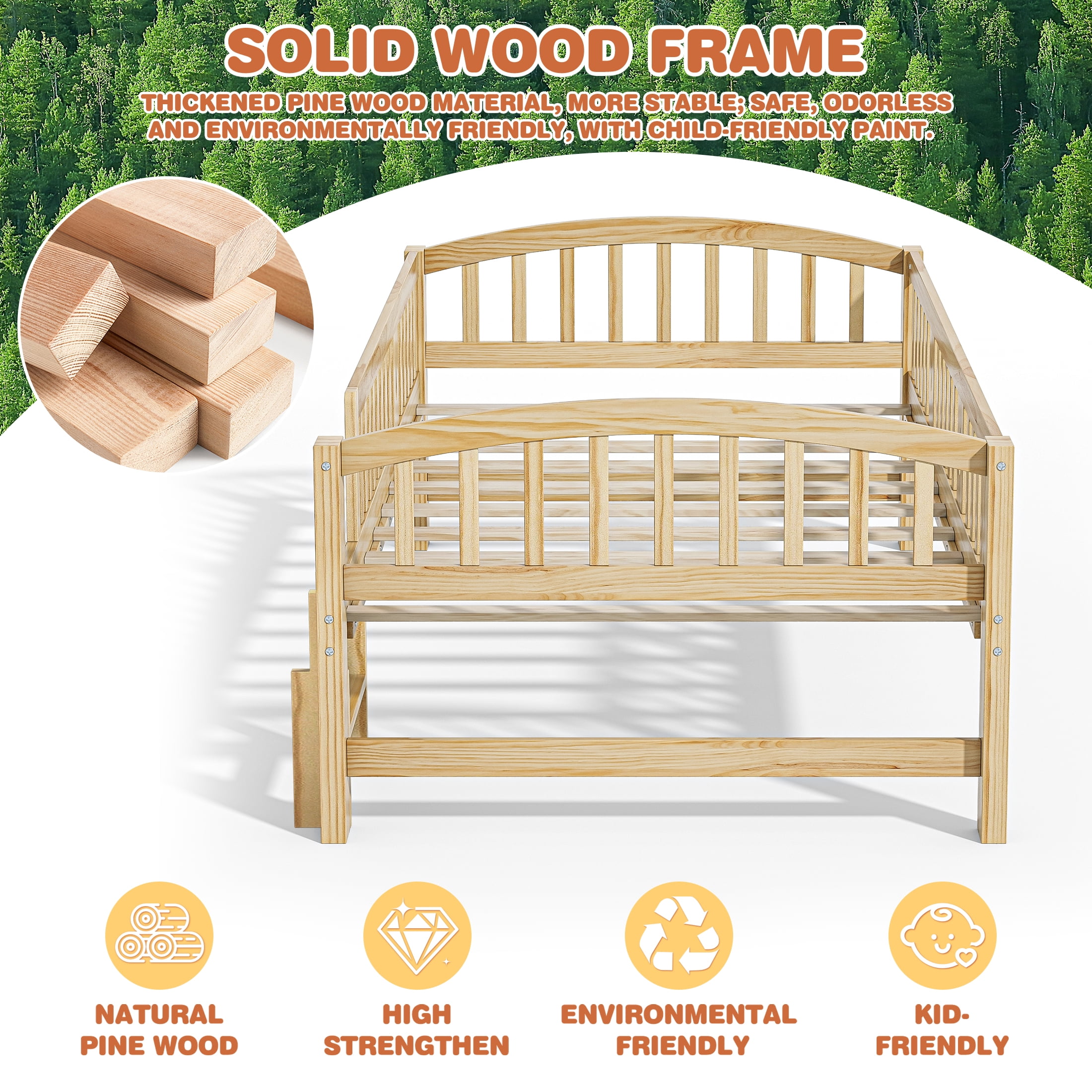 PAPROOS Wood Twin Platform Bed Frame, Twin Size Bed Frame with Fence Guardrail Ladder, No Box Spring Needed, Natural