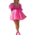 thumbnail image 2 of Txlixc Vestido casual con dobladillo grande para mujer, Estampado teñido anudado / Color sólido Cuello cuadrado Mangas abullonadas Falda de burbuja, S / M / L Txlixc Estilo de ocio, 2 of 8