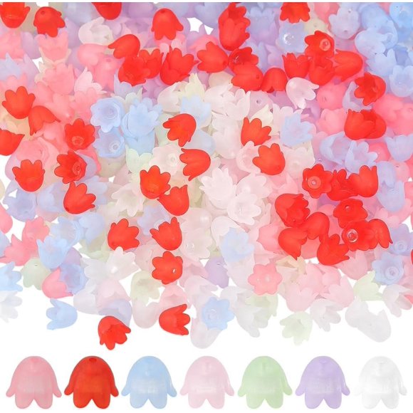 640Pcs 8 Colors Lily Flower Beads Acrylic Bead Caps Transparent Frosted Spring Floral Lily of The Valley Shaped Loose End Mini Spacers for Jewelry Making Bracelet Necklace DIY Craft Supplies