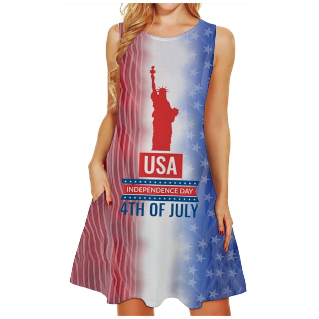 Vestido estampado sin mangas del día de la independencia de playa casual de verano para mujer Fridja hjkh4475