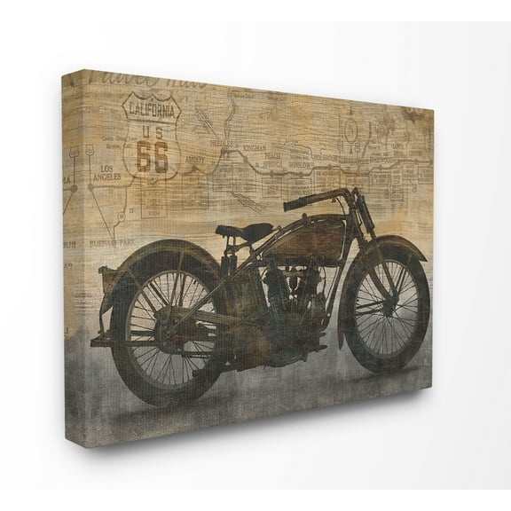 The Stupell Home Decor Collection Tan and Black Sepia Motorcycle with Faded Road Map Texture Stretched Canvas Wall Art, 16 x 1.5 x 20