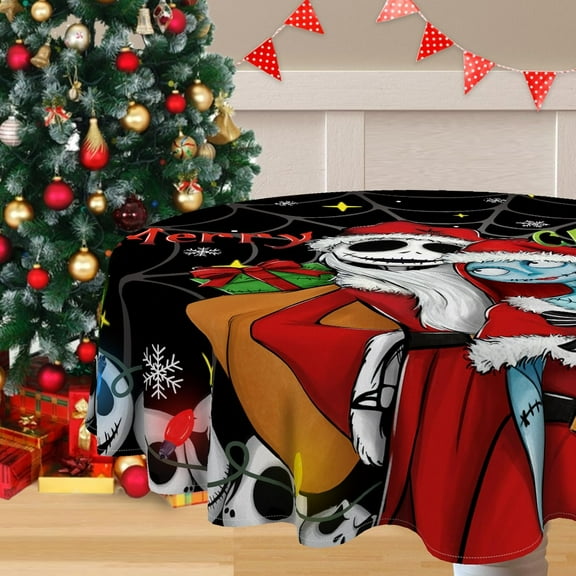 Christmas Jack Skellington Round Tablecloth 70 x 70 Inch, Black Xmas Tree Decorative Table Cloth Dining Table Cover, Winter Holiday Snowflake Dinner Party Picnic Decoration